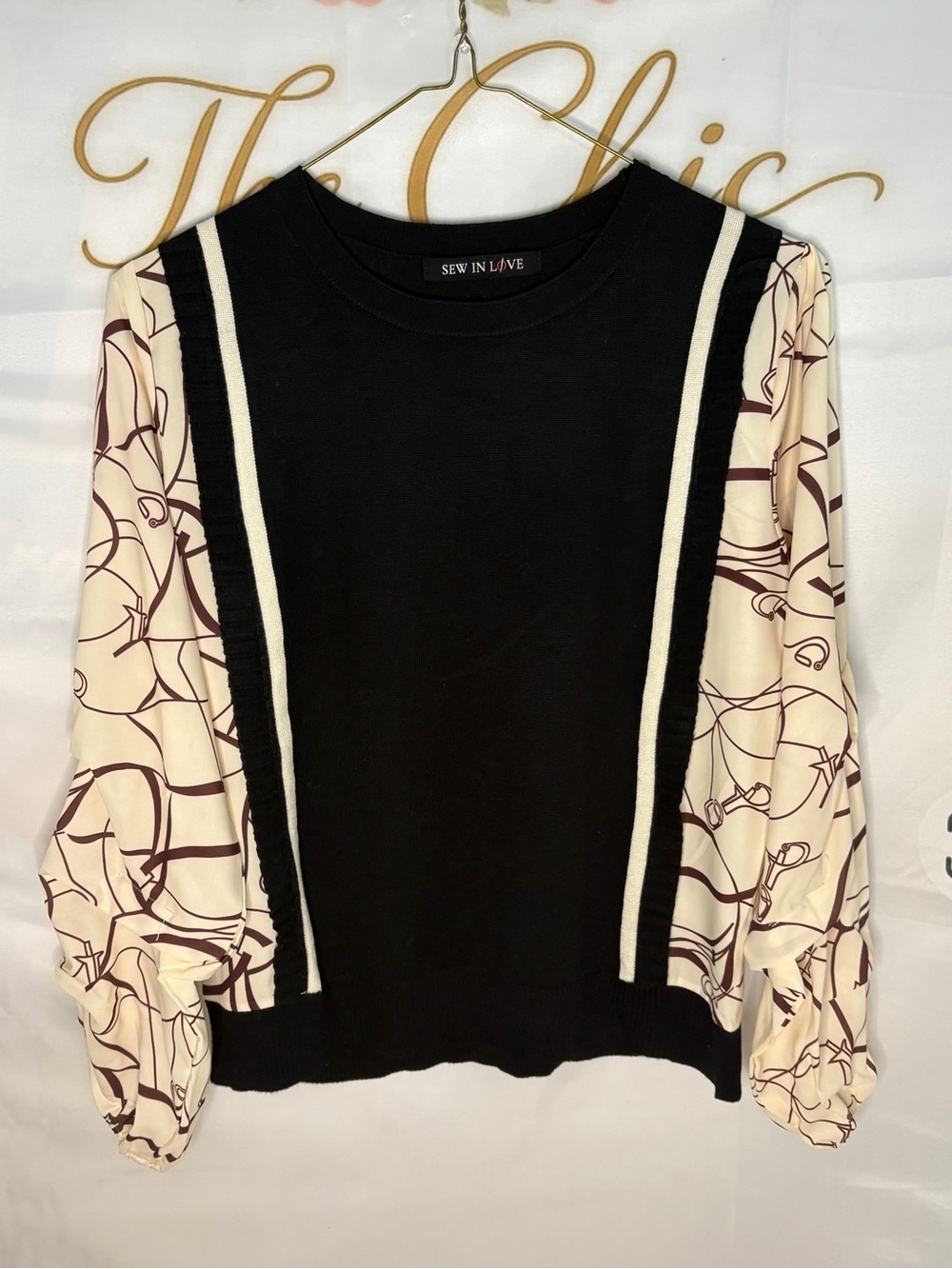 Sew In Love Black Pullover with Cream Graphic Balloon Sleeves